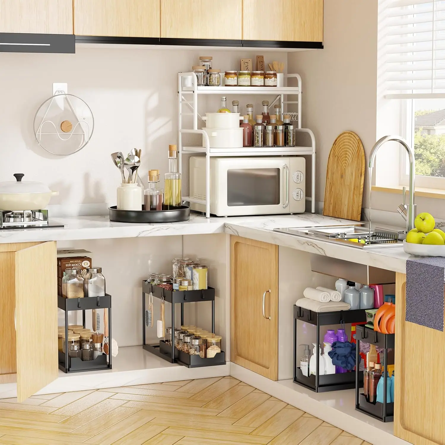 1 Pack & 2 Pack Optional Simple Trending Under Sink Organizer, Sink Pull-Out Sliding Storage Cabinet, 2-Tier Under Shelf Organizer for Kitchen Bathroom, Available in Black & White