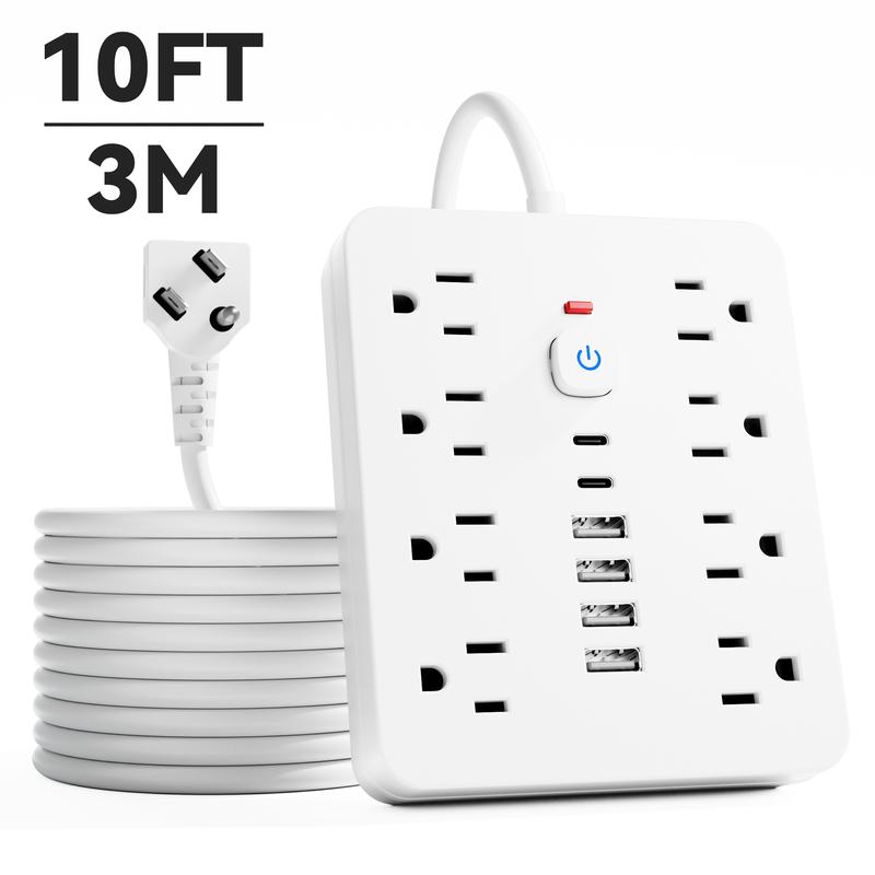 14-in-1 surge-protected power strip with 8 AC ports, 4 USB ports & 2 Type-C ports. Wall-mountable US plug power extension with overload protection and independent controls—essential for home/office safety. Available in 5ft or 10ft cords.