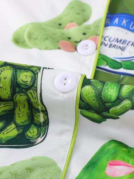 Women's Cucumber Print Short Sleeve Pajama Set, Casual Comfy Button Front Chest Pocket Design Lapel Neck Top & Elastic Waist Shorts PJ Set, Ladies Sleepwear Loungewear