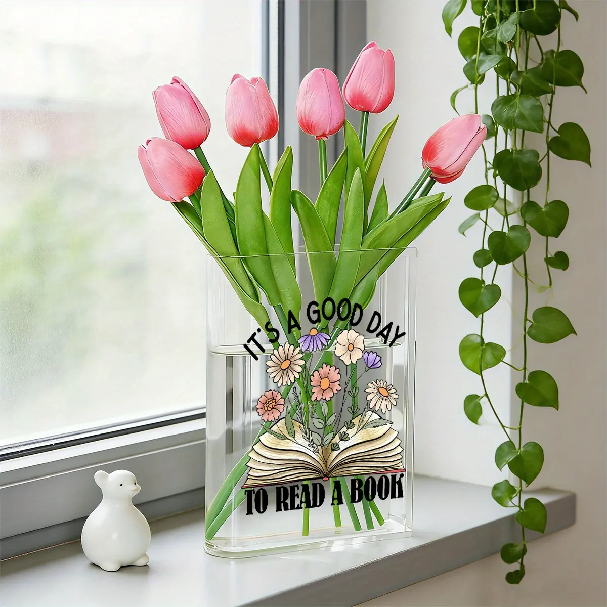 1Pc Clear Acrylic Book Vase & Bookend with Inspirational Quotes, Decorative Vase, Boho Rectangular Decor Shelf with Wavy Edge, Multifunctional Bookshelf & Flower Display Vase for Home & Office, Ideal Valentine’s Day Gift for Book Lovers