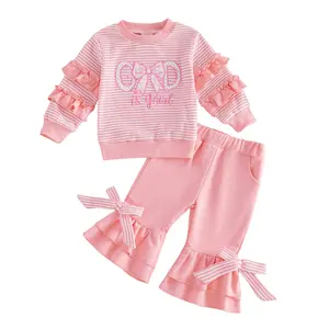 Toddler Baby Little Girl Fall Outfits Letter Bow Embroidered Ruffles Long Sleeve Sweatshirt and Flare Pants Set 6M-4T