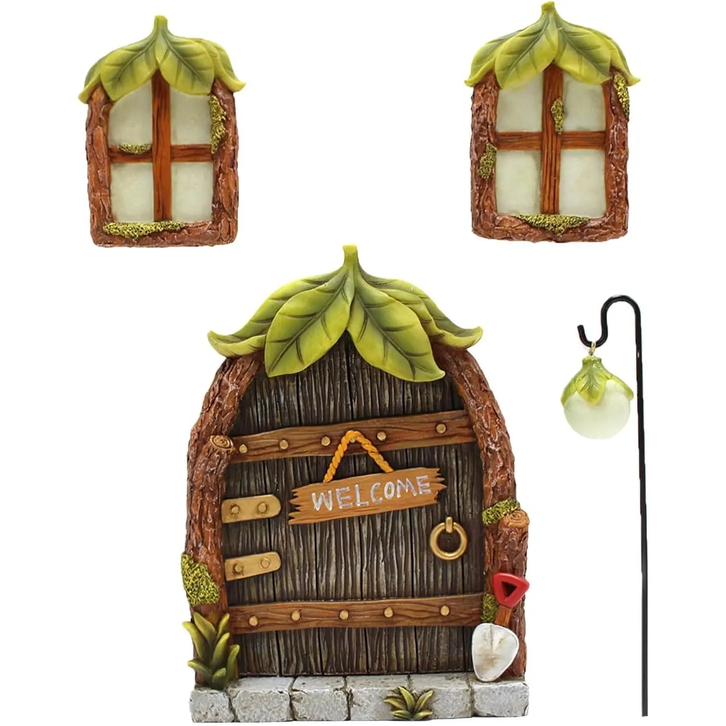 Fairy Door and Windows Garden Kit Accessories Outdoor, Glow in Dark  House for Tree, Lawn Yard Art Sculpture, Miniature Garden Decor (Leaf)