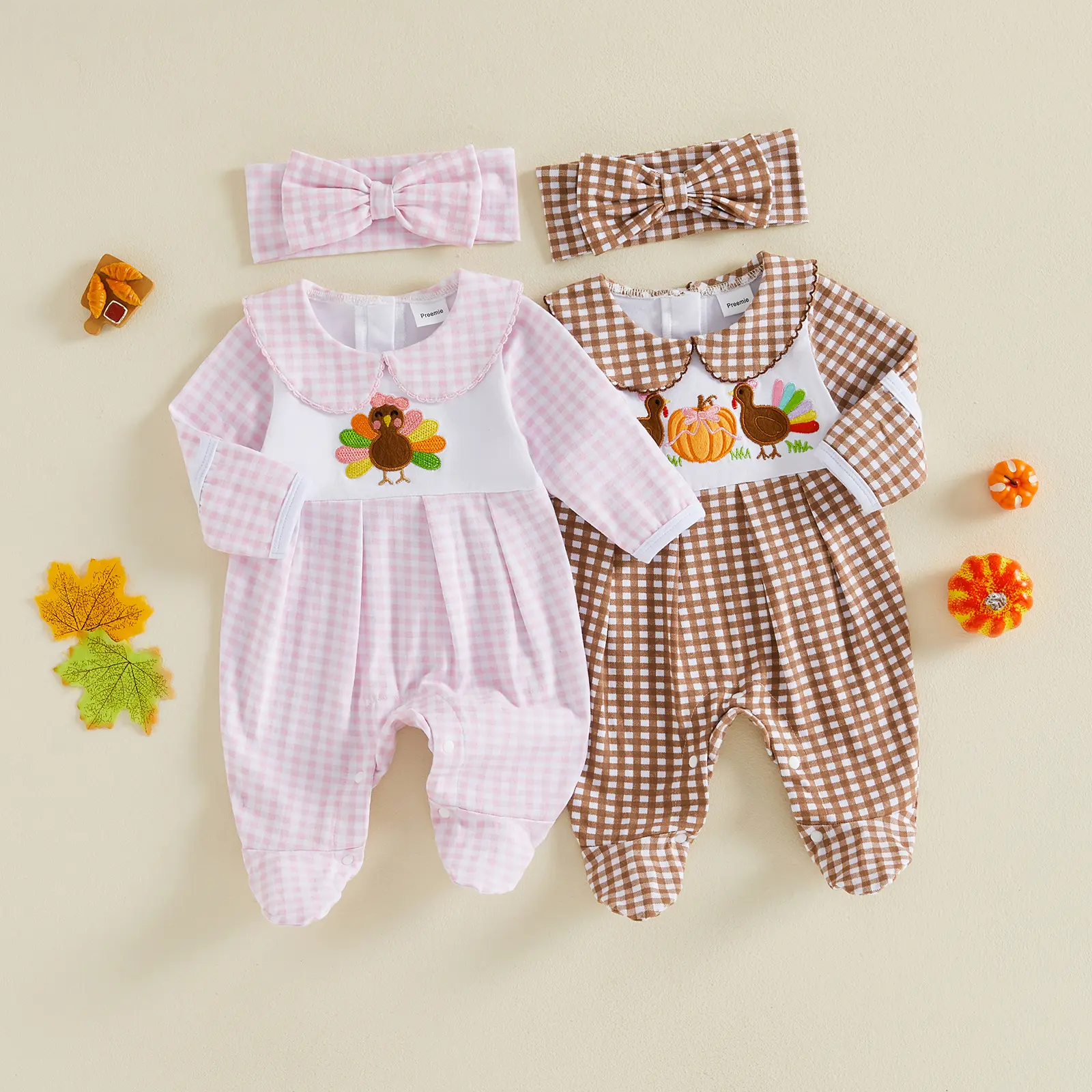 Newborn Baby Girls Thanksgiving Outfits Long Sleeve Plaid Footed Romper Headband Preemie Fall 0-6 Months