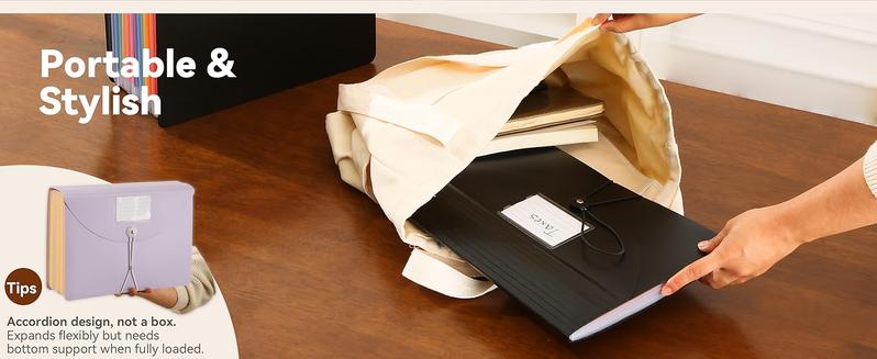 Accordion File Organizer 12 Pockets, Monthly Bill Receipt Tax Organizer, Expanding File Folders with Larger Bright Tabs, Fits Letter/A4 Size  Black