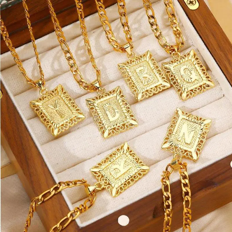 Unisex 14 Karat Gold-Plated Stainless Steel Square Custom Initial Pendant Necklace with Figaro Chain - Minimalist Geometric Elegant Personalized Letter Necklace, Costume Jewelry for Graduations, Father’s Day