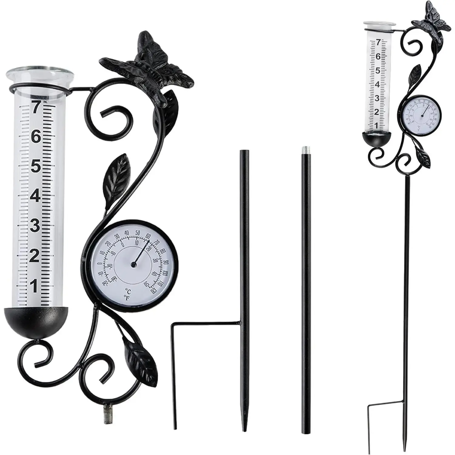 Rain Gauge Outdoor with Thermometer, Butterfly Metal Garden Stake | Black 37.4" Large 7 Inch Capacity Detachable Glass Tube, Weatherproof Yard Art Decor,  Gardening Gifts for Women Mom