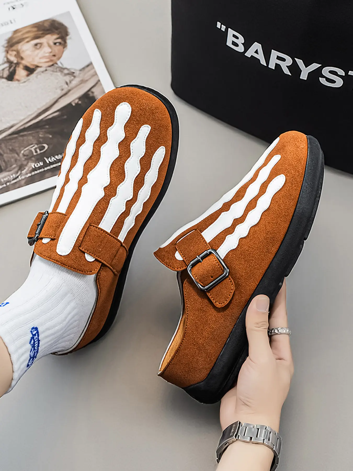 Unisex Halloween Skeleton Bone Mule Clogs, Suede-Textured Upper Skeleton Foot Graphic Slippers, Adjustable Metal Buckle Strap Thick Non-Slip Sole Spooky Gothic Slip-On Shoes For Halloween Party Costume Daily Wear