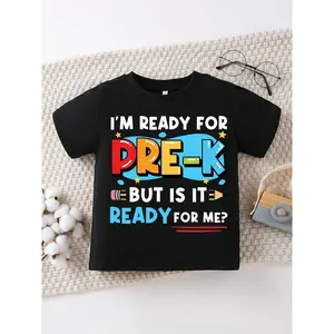 Camiseta preescolar "I 'm Ready" Estampado de letras y patrón de estrellas - Camisa informal de cuello redondo suave para uso diario, ropa a juego, lavable a máquina, ropa de primavera / verano