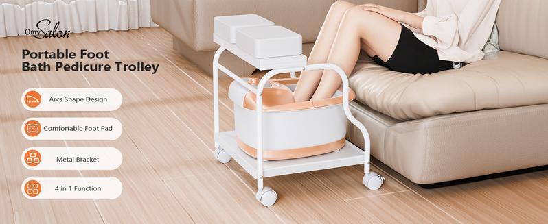 OmySalon Pedicure Cart Foot Bath Trolley, Portable Salon Nail Esthetician Rolling Cart, Adjustable Manicure & Foot Massage Stool w/PU Cushion, Locking Wheels, for Spa, Salon & Home