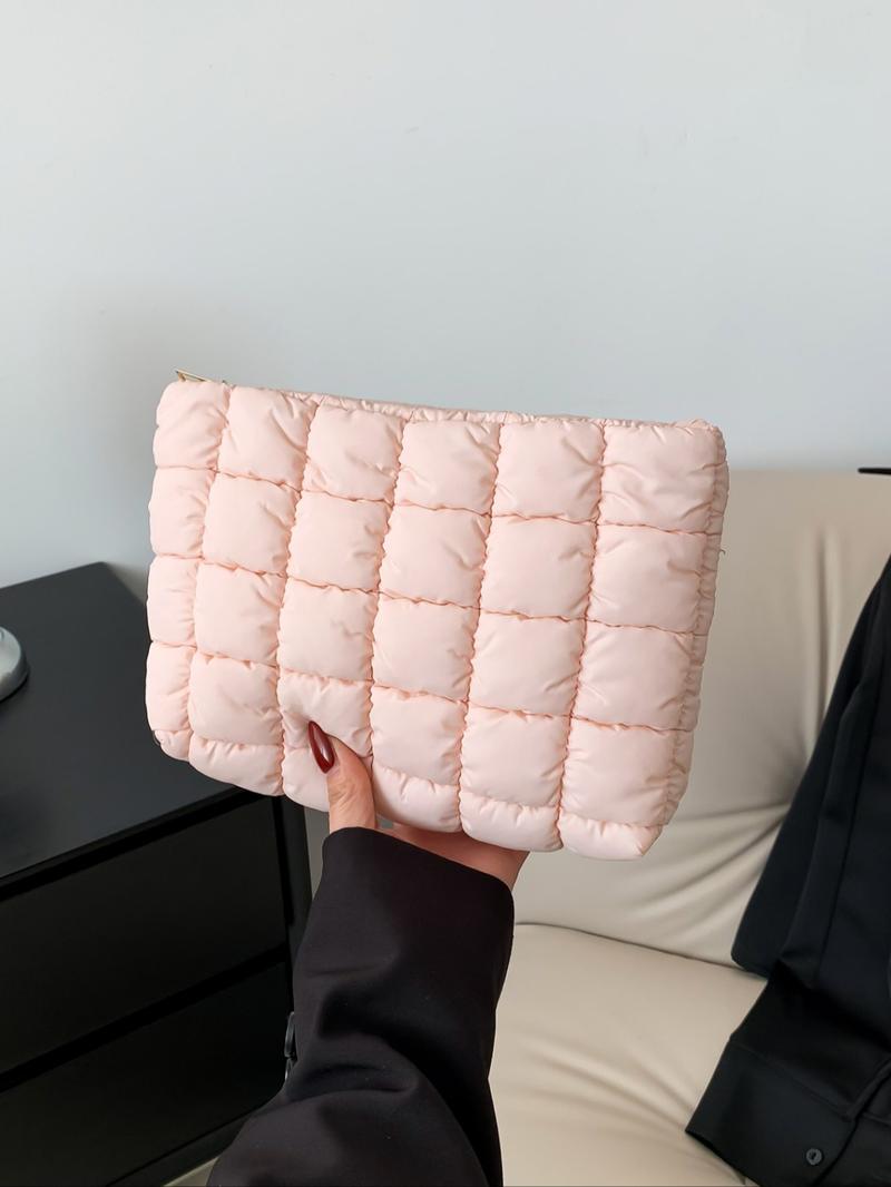 Solid Color Quilted Design Clutch, Large Capacity Travel Storage Bag with Zipper, Portable Travel Storage Bag for Women & Girls