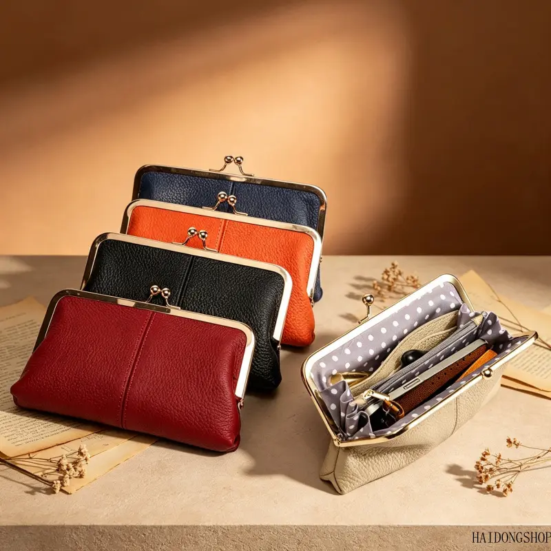 Viral Minimalist Elegant Aesthetic Top Grain Leather Long Kiss Lock Clip Clutch For Women, Large Capacity Frame Hand Purse Cellphone Storage Pouch, Trendy Accessory For Daily Commute Date Casual Outdoor Outfit Styling