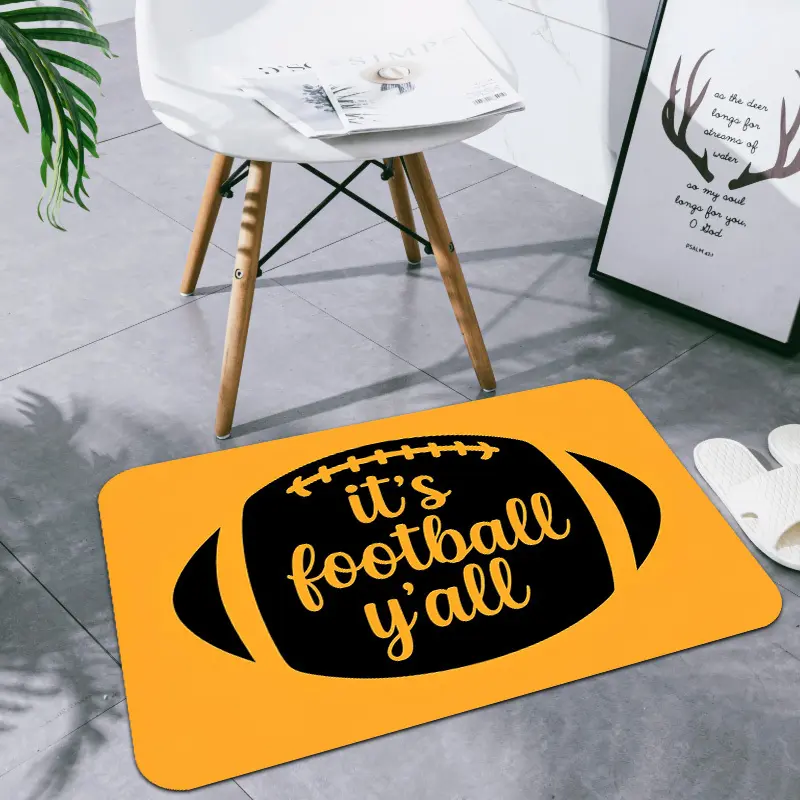 Flannel Floor Mat Flannel Floor Mat with decorative yellow background, black football pattern and fun English print design, made of velvet material, thickened velvet with a thickness of 0.16inch, home doormat, indoor doorway, bathroom rug, American footba