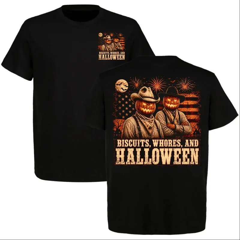 Graphic T-Shirt Lonesome Dove "Biscuits, Whores, and Halloween" Tee, Robert Duvall Western Outlaw Halloween Shirt, Vintage Cowboy Graphic T-Shirt, Unisex Cotton Short Sleeve Casual Streetwear Tee for Men Women, Western Fan Gift