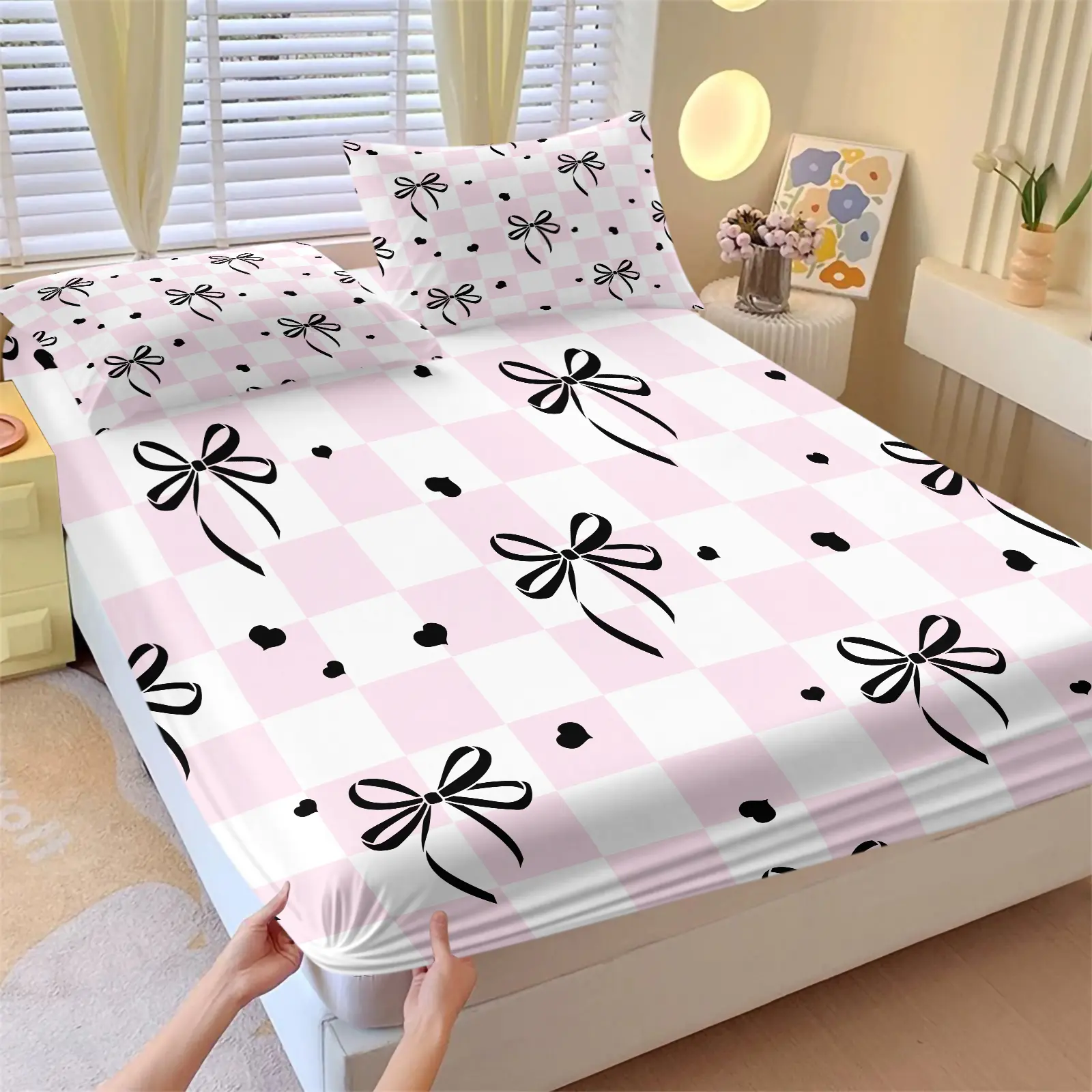 Pink White Checkered Black Bow Print Fitted Sheet Set and 2 Pillowcases No Core, Soft Breathable Deep Pocket Non‑Slip Mattress Cover, Gentle Monochrome Bow‑Heart Aesthetic Bedding Set, Home Decor Gift For Teen Girls, Bed Sheet Sets