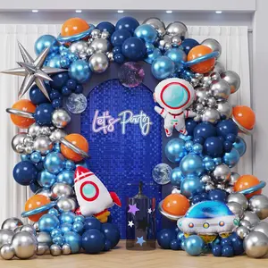 Outer Space Birthday Party Decorations 146 count Astronaut Balloon Arch Garland Kit, UFO Rocket Astronaut Foil Balloons, Navy Blue Metallic  Blue Balloons for  Boys Space Theme Party Decor