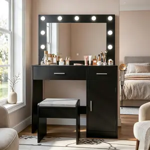 Aobtkel  Desk with Mirror, Large Drawer and Power Socket with 11 Light Bulbs and 3 Adjustable Lighting Modes,  Table Ideal for Bedroom (Black) On-Site glass top rgb floor cabinet color White LED Lighted Makeup Vanity stylish