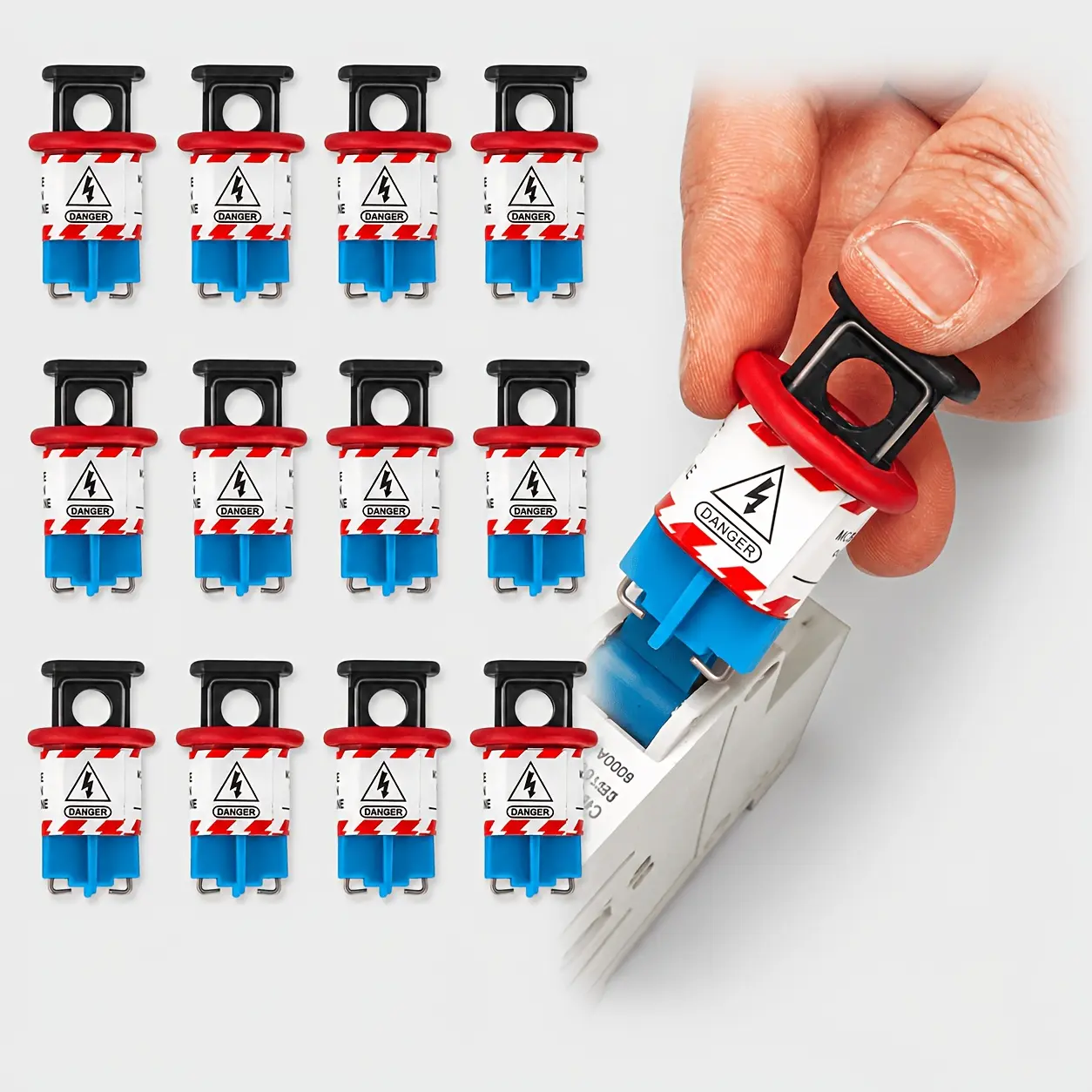 BOZZYS 12Pcs Pin-In Standard Miniature Circuit Breaker Lockout Devices, Compact MCB Safety Locks with 0.30-Inch Padlock Hole, 1.69 x 0.94 x 0.71-Inch Body, Fits Breaker Hole Spacing Up to 0.47 Inch
