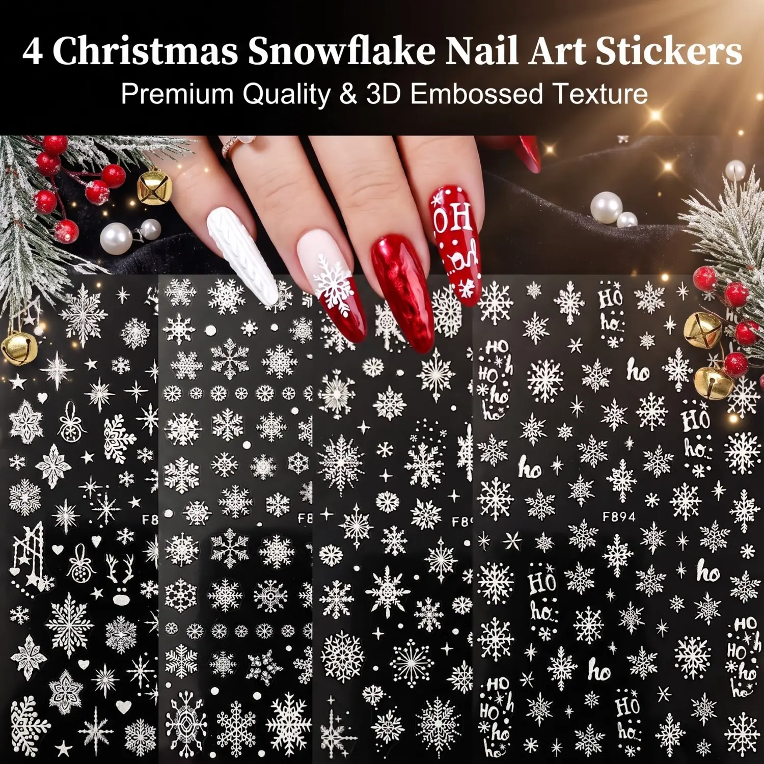 Christmas Snowflake Nail Art Stickers 4 Pack, 3D Self-Adhesive Nail Decals, Santa Claus Reindeer Patterns, Winter New Year DIY Nail Decor Gift