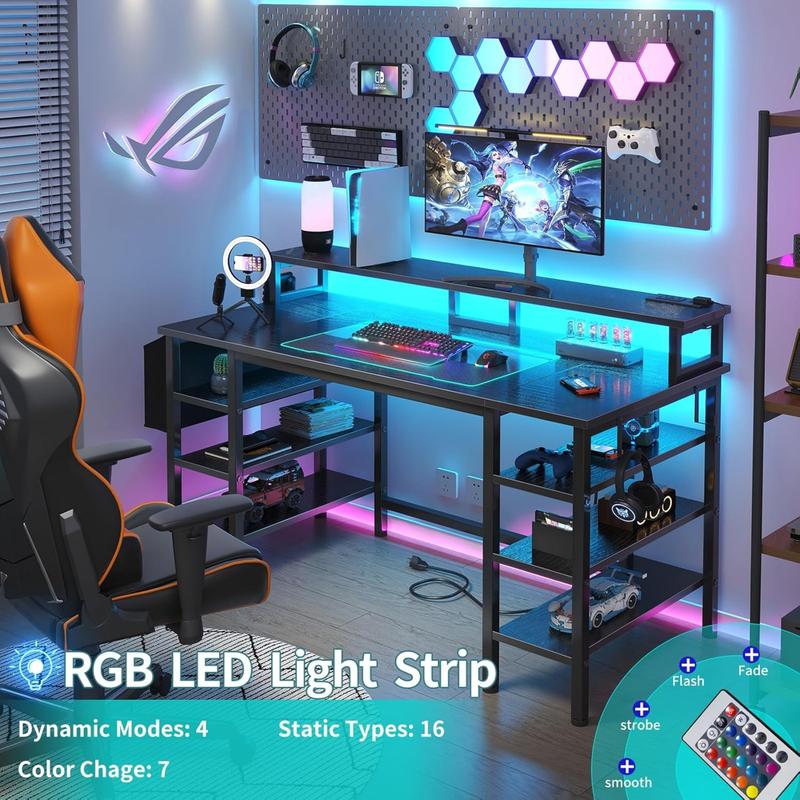 Lufeiya Gaming Desk with LED Lights and Storage Shelves, 47 inch Computer Desk with Power Outlets, Home Office Desk with Monitor Stand, Writing Table PC Desks, Black, Get Free Gift