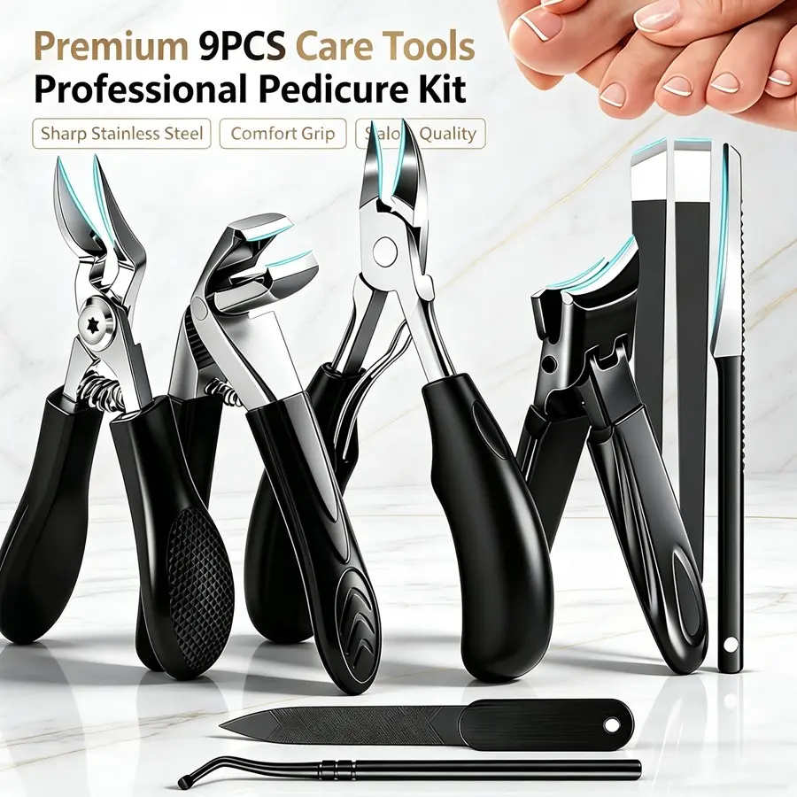 The complete 9-in-1 manicure nail care kit is a salon grade foot and nail trimming tool set, made of heavy-duty stainless steel nail trimming tools with sharp and clean blades, comfortable textured handles, suitable for home or outdoor travel use,