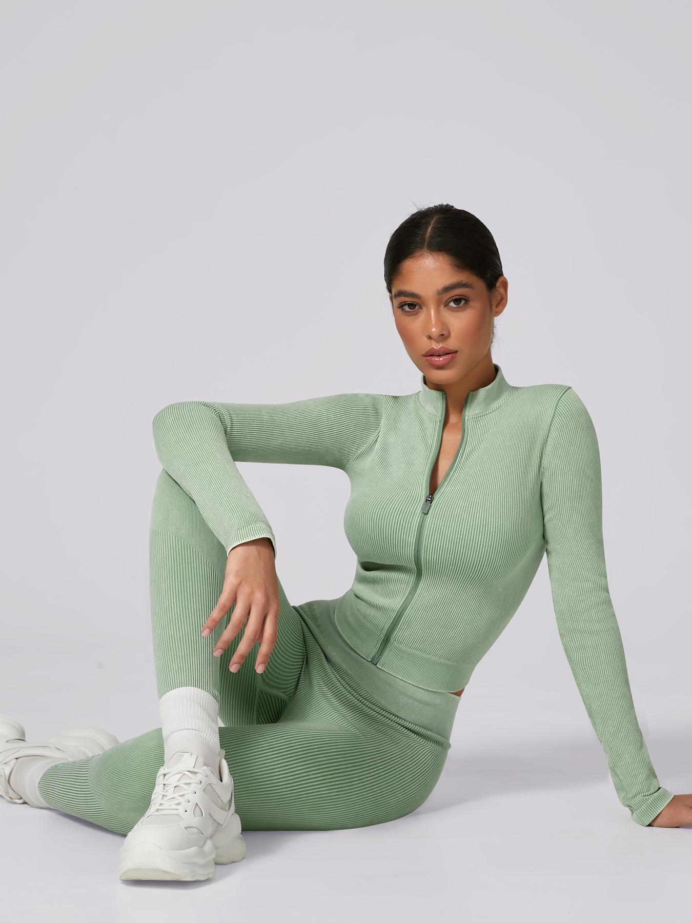 Women's Plain Tracksuit Set, Sports Zip Up Crop Jacket & High Waist Leggings, Ladies Spring & Fall Clothes, Gym Wear, Yoga Suit Outdoor