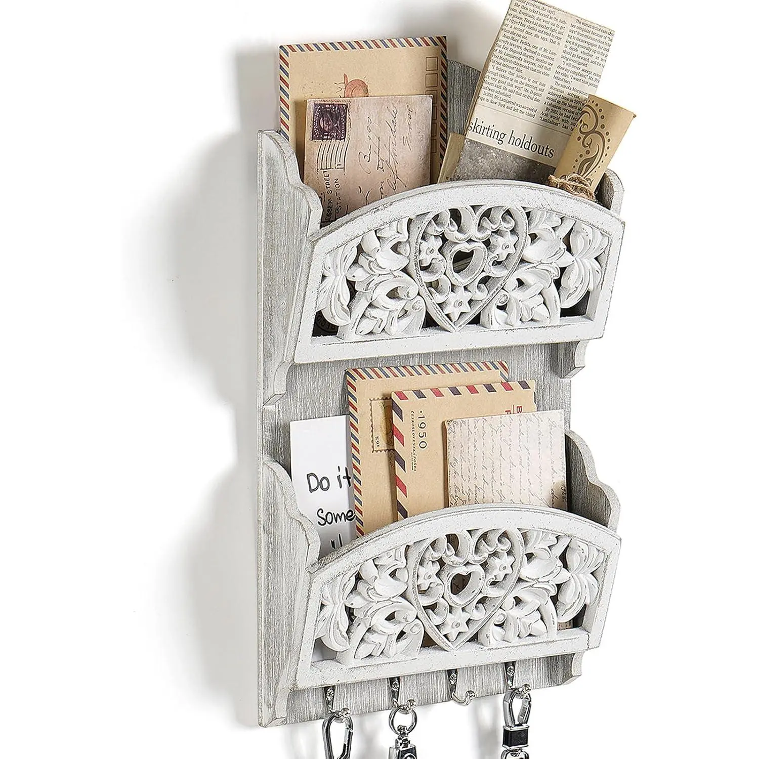 Key and Mail Holder for Wall, 2-Slot Mail Organizer Wall Mount 4 Key Hooks | Retro Hollowed-out  Wooden  Key Hangers Wall File Organizer Letter Sorter, Key Rack for Entryway  Decor