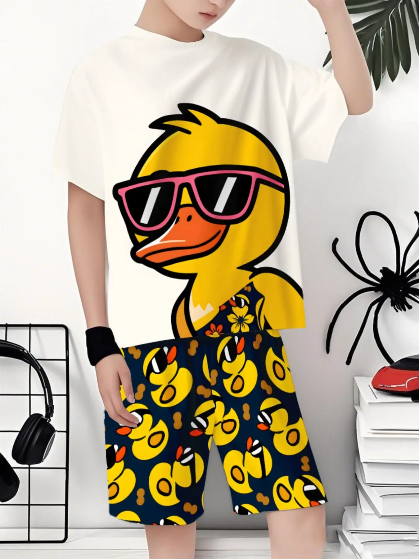 Kids Sunglass Little Yellow Duck Print Short Sleeve Set, Boys Trendy Casual T-shirt And Shorts 2 Piece Outfit, Cartoon Print Set, Summer Kids Clothing 2026 New Arrival