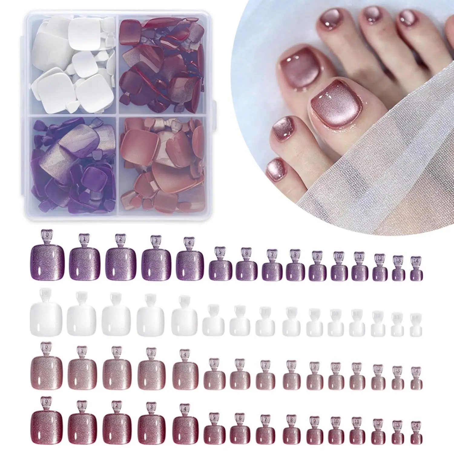 4-in-1 Maigitur 120pcs square cat eye press-on toenails, available in purple, wine red, brown and white. Glossy cat eye finish, easy to wear for stunning foot manicure Nail Designs