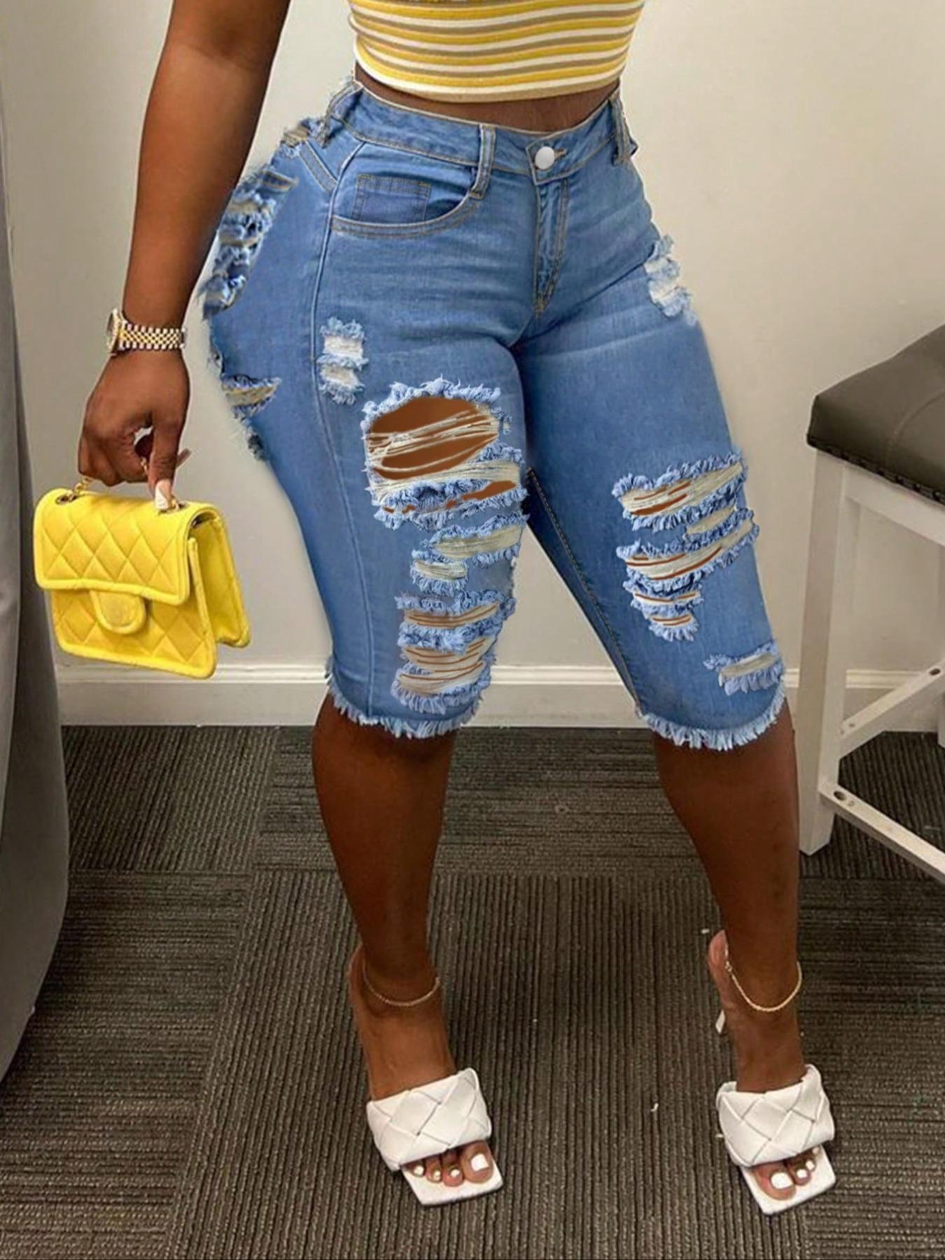 Women's Ripped Button Fly Denim Shorts, Casual Comfy Skinny Shorts for Daily Wear, Ladies Bottoms for Summer, Womenswear