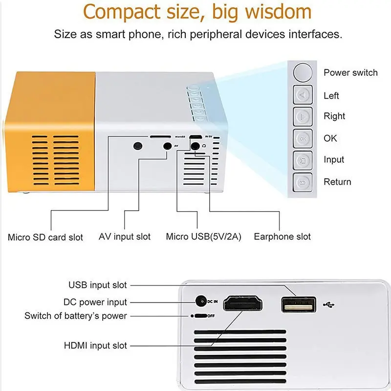 Yellow-white projector YG300 with mobile phone screen mirroring for home entertainment, mini portable projector