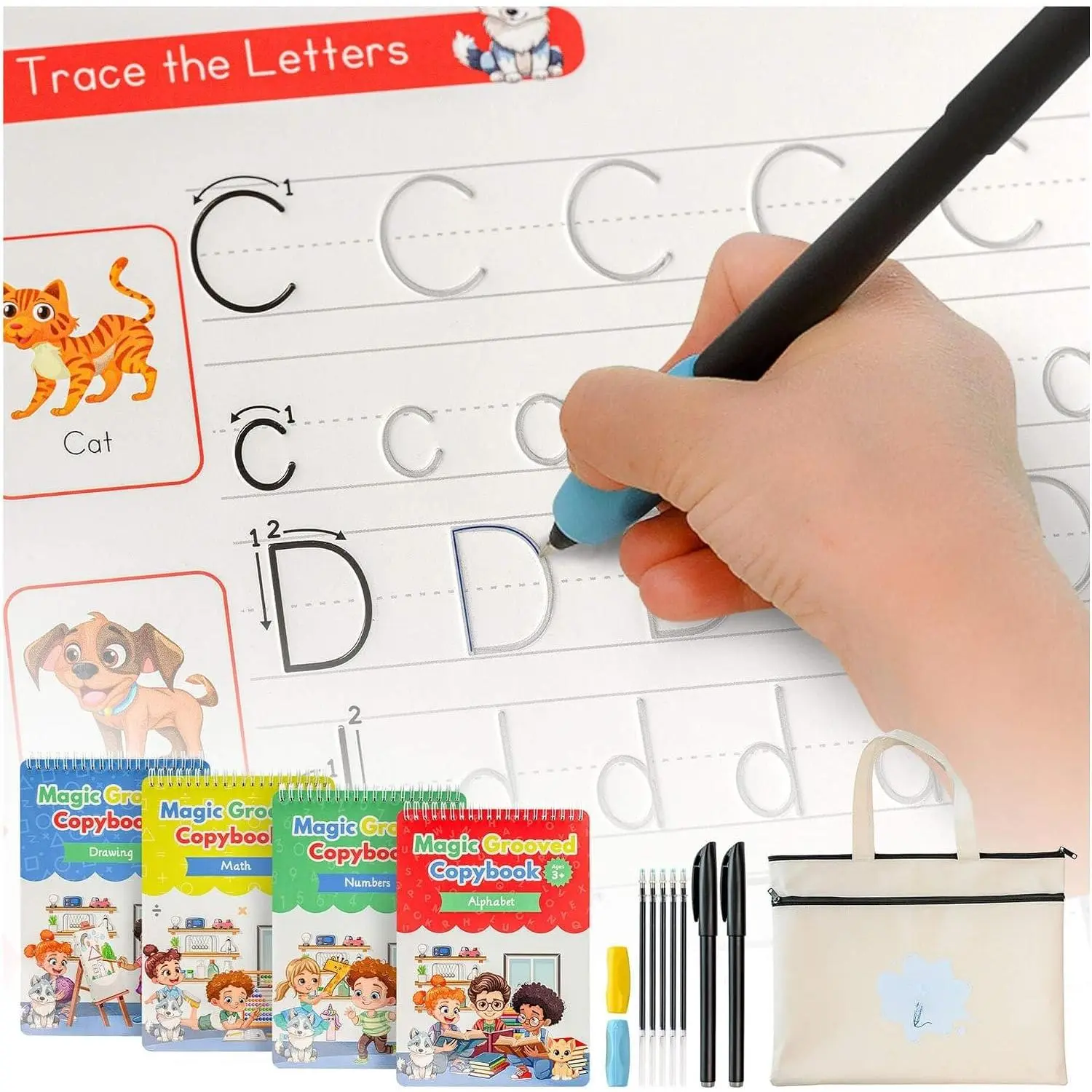 Magic Grooved Writing Practice for  –  Grooved Handwriting Workbooks for  Workbook Ages 3-5, 6-8 & 8-10, Disappearing Ink & Carry Bag Letter Tracing Book, Alphabet Writing Practice Kit