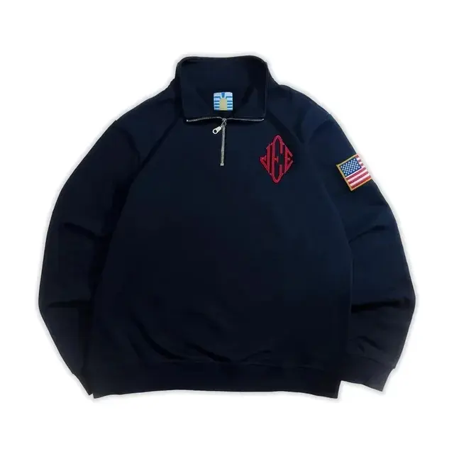 Vintage Quarter Zip Sweatshirt Men, Navy Mock Neck Pullover with American Flag Patch & Chest Embroidery, Retro Casual Streetwear Top