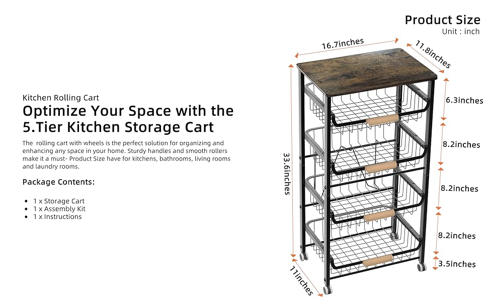 4-Layer Fruit Basket Kitchen Food Organizer and Rack, Stackable Storage Cart with Desktop, Pull-Out Hollow Metal Basket, Sliding Out Storage (Black 4-Layer Rack)