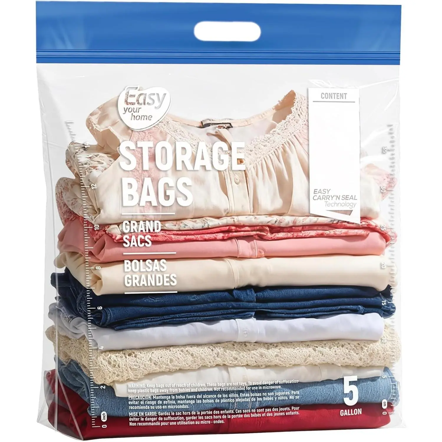 5PCS 5 Gallon Zipper Lock Plastic Bags with Handle and bottom,18"x23"+7",Extra Large Size Reusable Storage Bag with Double Zip for Clothing,Travel,Moving,Beach,BPA-Free,3-Mil Thick