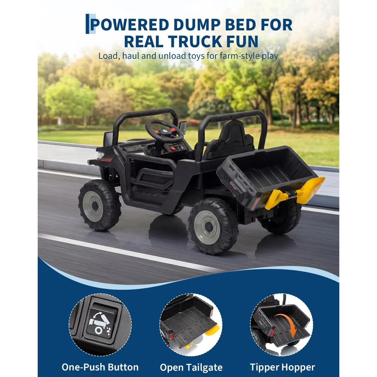 Garvee 12V Kids Ride-On Dump Truck, Battery Powered Electric Construction Vehicle - Parent Remote Control - Headlights, MP3 & Horn - Double Doors, Suspension - Single Seat, Outdoor Ride-On Toy