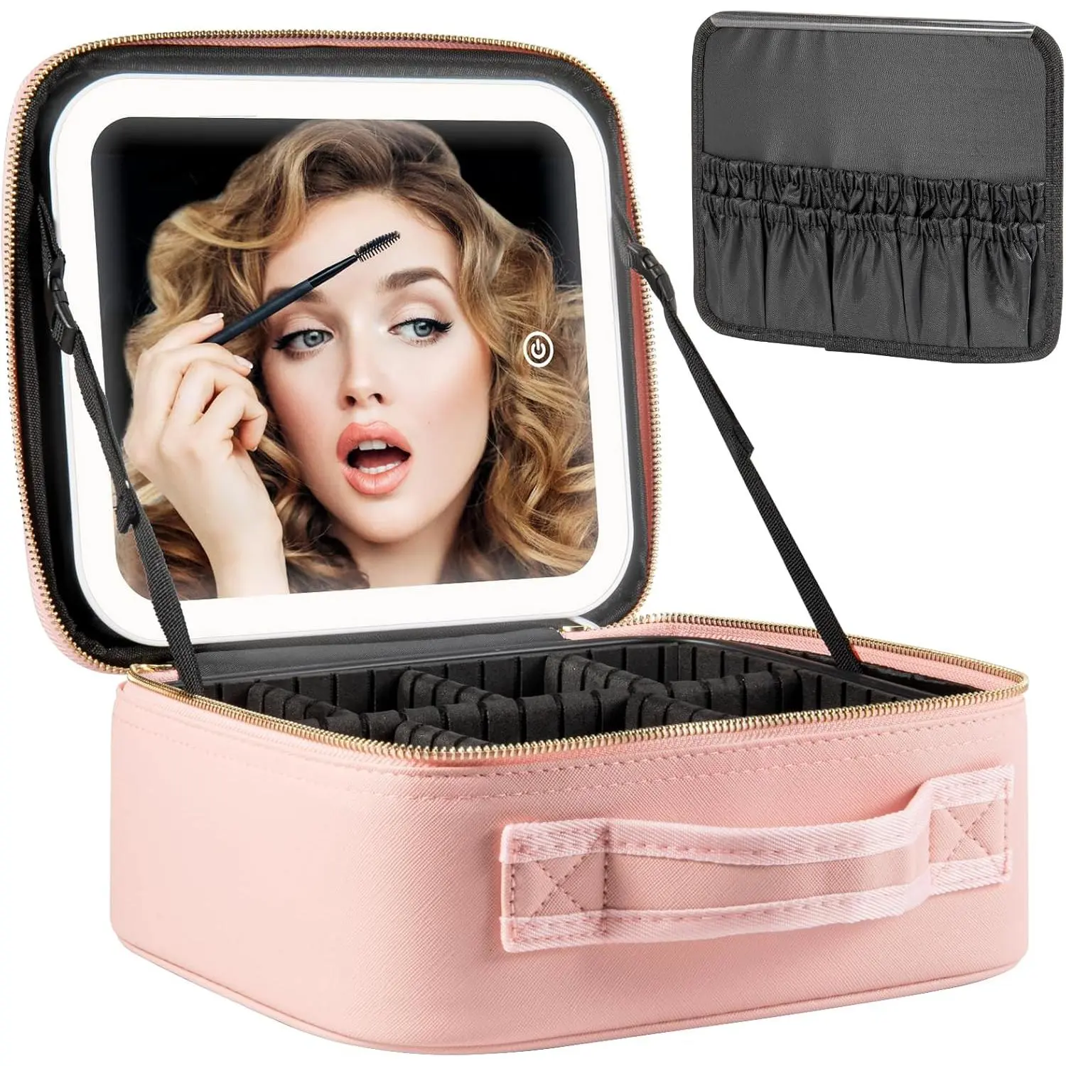 Makeup Travel Train Case with Mirror LED Light 3 Adjustable Brightness Large Cosmetic Bag Portable Storage Adjustable Partition Waterproof Makeup Brushes Make up Jewelry Gift for Women