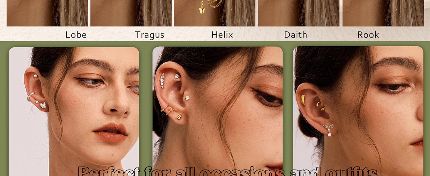 Fansilver 27Pcs Flat Back Earrings Hypoallergenic Surgical Steel Stud Earring Stacks Set Dainty Chain Dangle Cartilage Tragus Daith Helix Piercing Jewelry for Women Men Trendy 16G