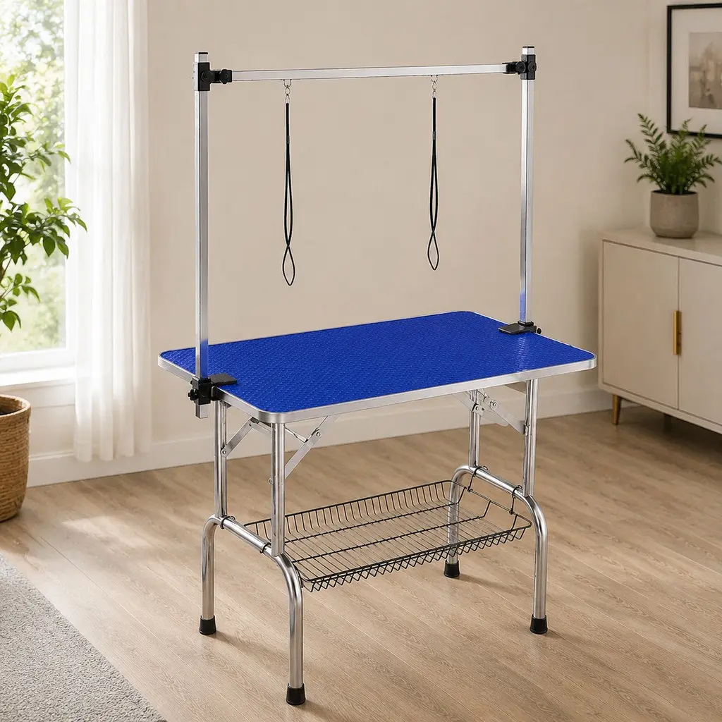 42-Inch Heavy-Duty Blue Metal Dog Grooming Table with Adjustable Arm, Secure Clamping, MDF Top, Ribbed Rubber Surface, Easy Clean, Stainless Steel Legs, 106cm x 60cm x 76cm