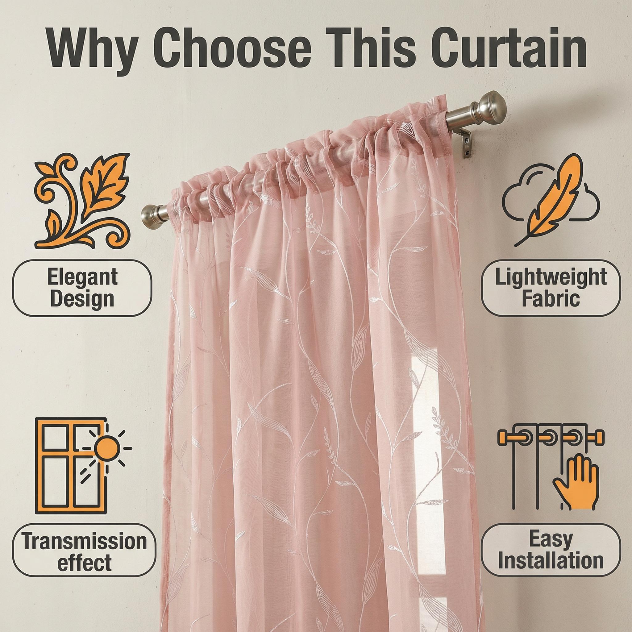 Window Wear 4 Panels 52x95inch Multi-layered sheer fabric embroidered curtains, with vine-shaped patterns, top featuring a rod attachment style. Lightweight, soft texture and good light Suitable for use in kitchens, bedrooms and living rooms L66