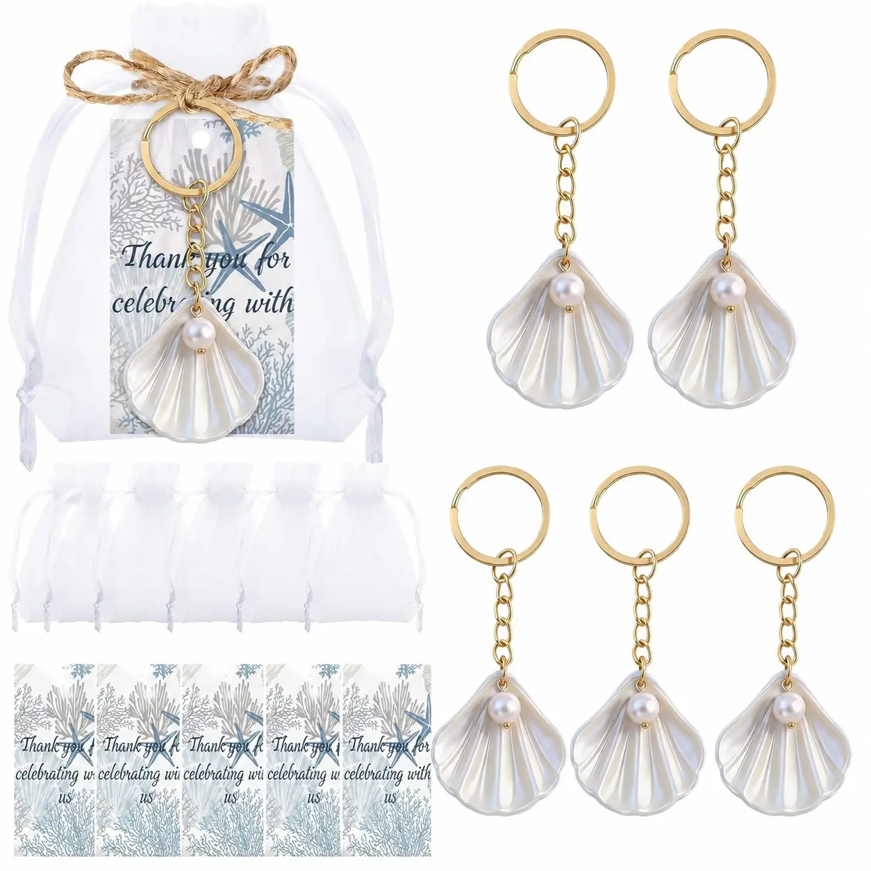 Shell Keychain Beach Party Gift, Coastal Goodbye Party Bulk Gift, Shell Pendant and Pearl Gift, Organza Bag Included