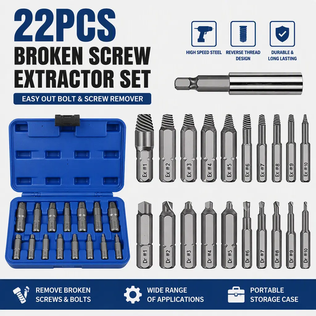 22Pcs Screw Extractor Set, High Speed Steel Broken Bolt Remover, Reverse Thread Damaged Screw Extractor Kit for Stripped Screws