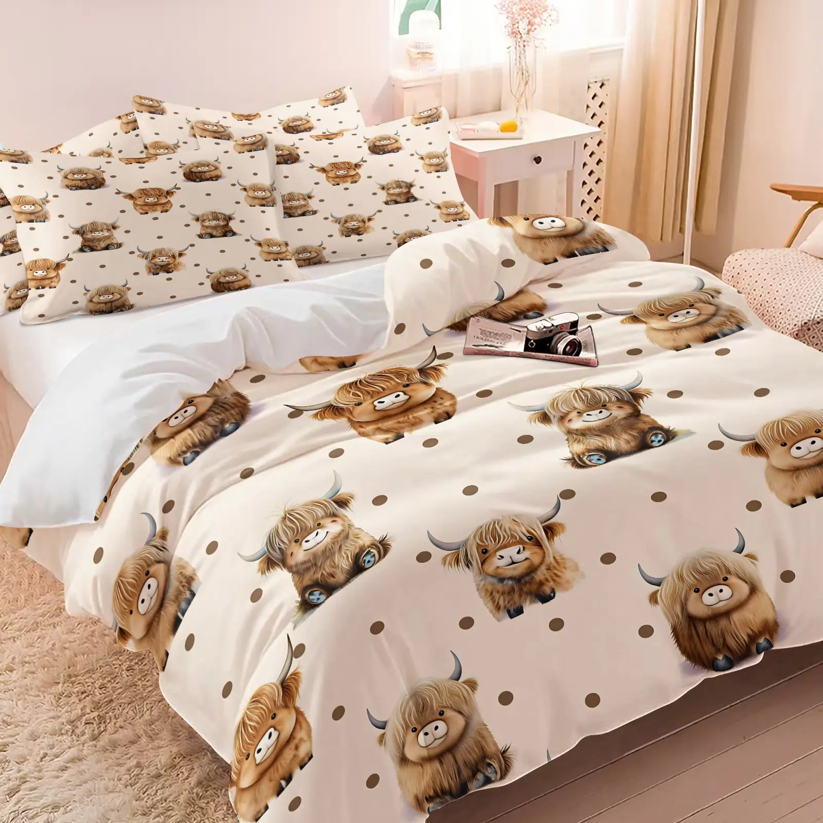 Beige Background Cute Highland Cow Brown Polka Dot Comforter Set, 1 Comforter + 1-2 Pillowcases, Durable Soft Comfy Washable Bed Set, High Definition Digital Print, Warm Farm Animal Cartoon Style, Kids Farm Lover Bedroom Bedding