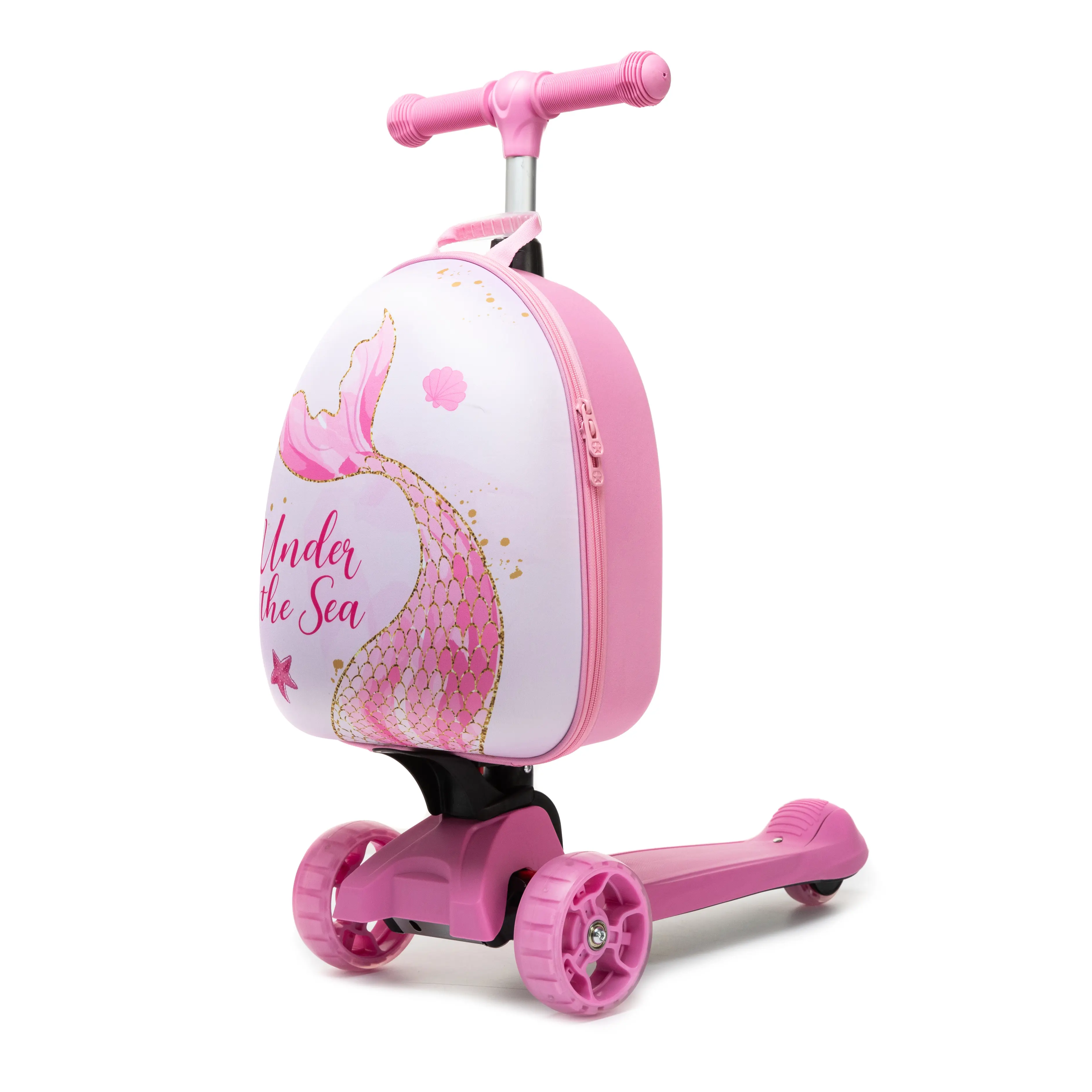 Girls' 2-in-1 Mermaid Print Foldable Scooter Luggage, Pink "Under the Sea" Polyester Hard Shell Carry-On Bag, 3-Wheel Kids Travel Gear, 3-Wheel Scooter, Polyester Shell, Travel Fun