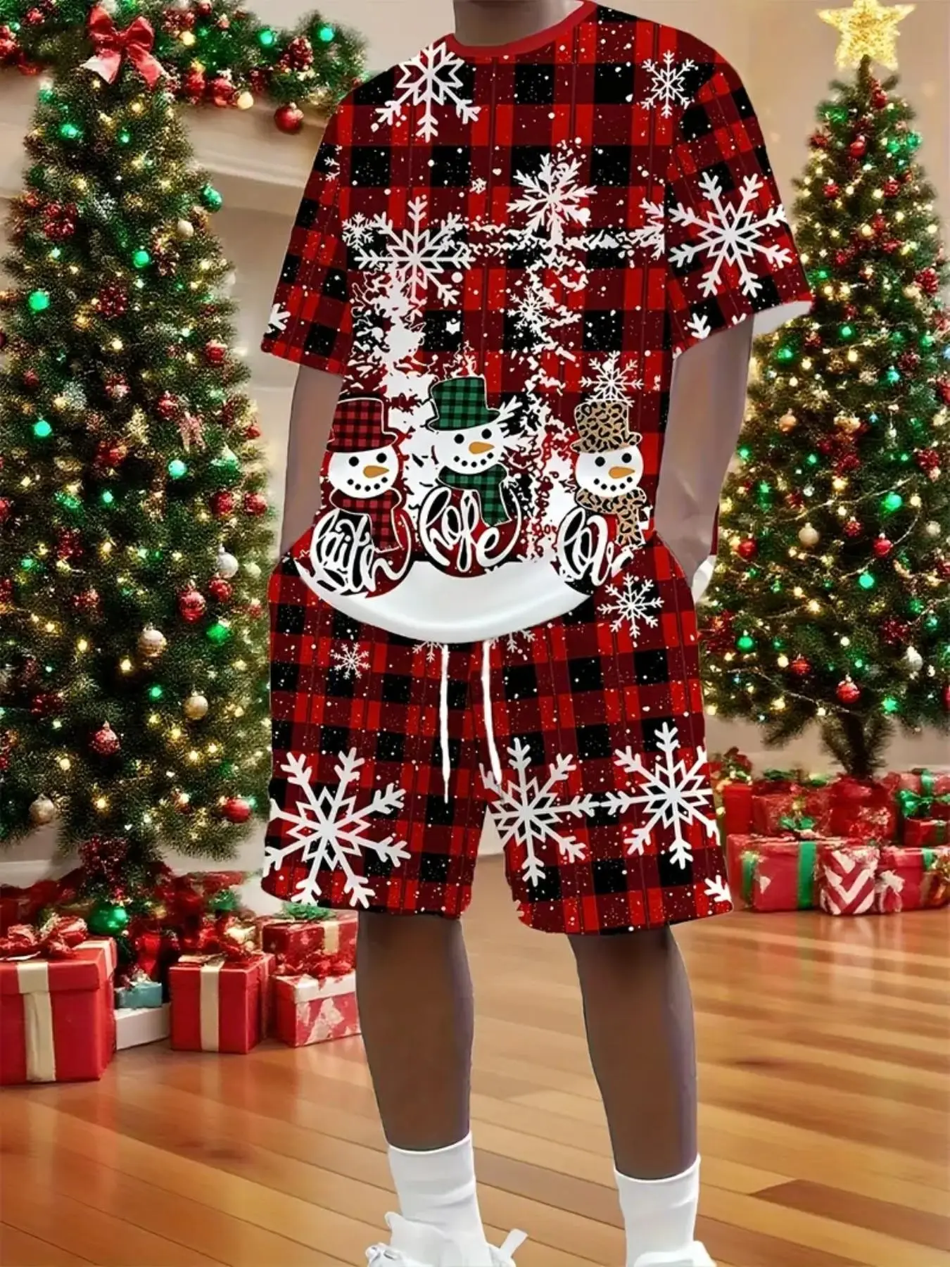 Men's Christmas Plaid and Snowman Print Set, Plaid, Casual, Ideal for Holiday Parties, Home Wear, Gift