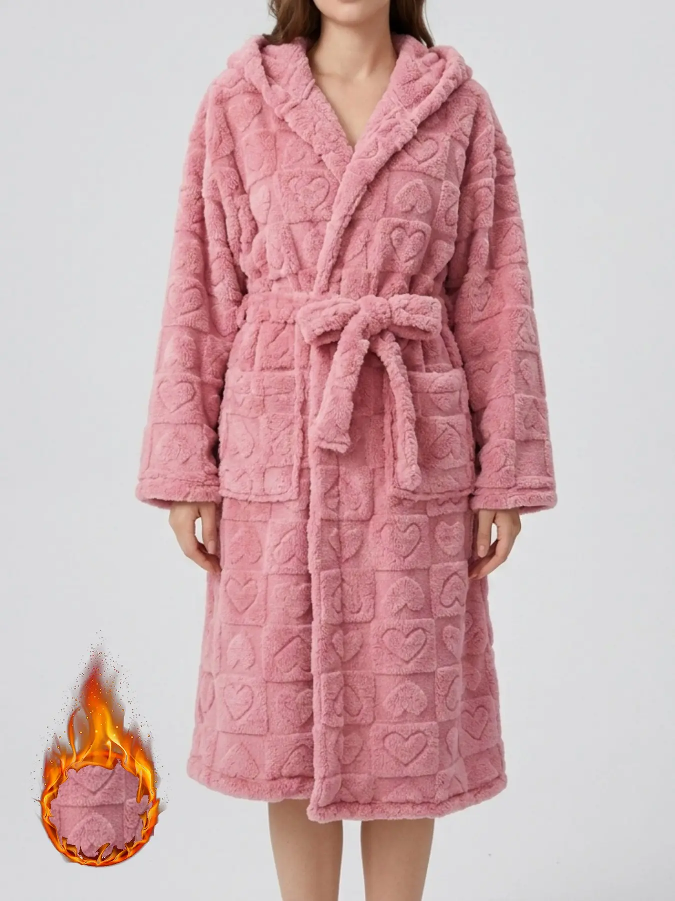 Sweet Plaid Heart Pattern Sleep Robe for Women, Cute Bear Ears Hooded Belted Waist Long Bathrobe, Thick Fuzzy Warm Home Robe