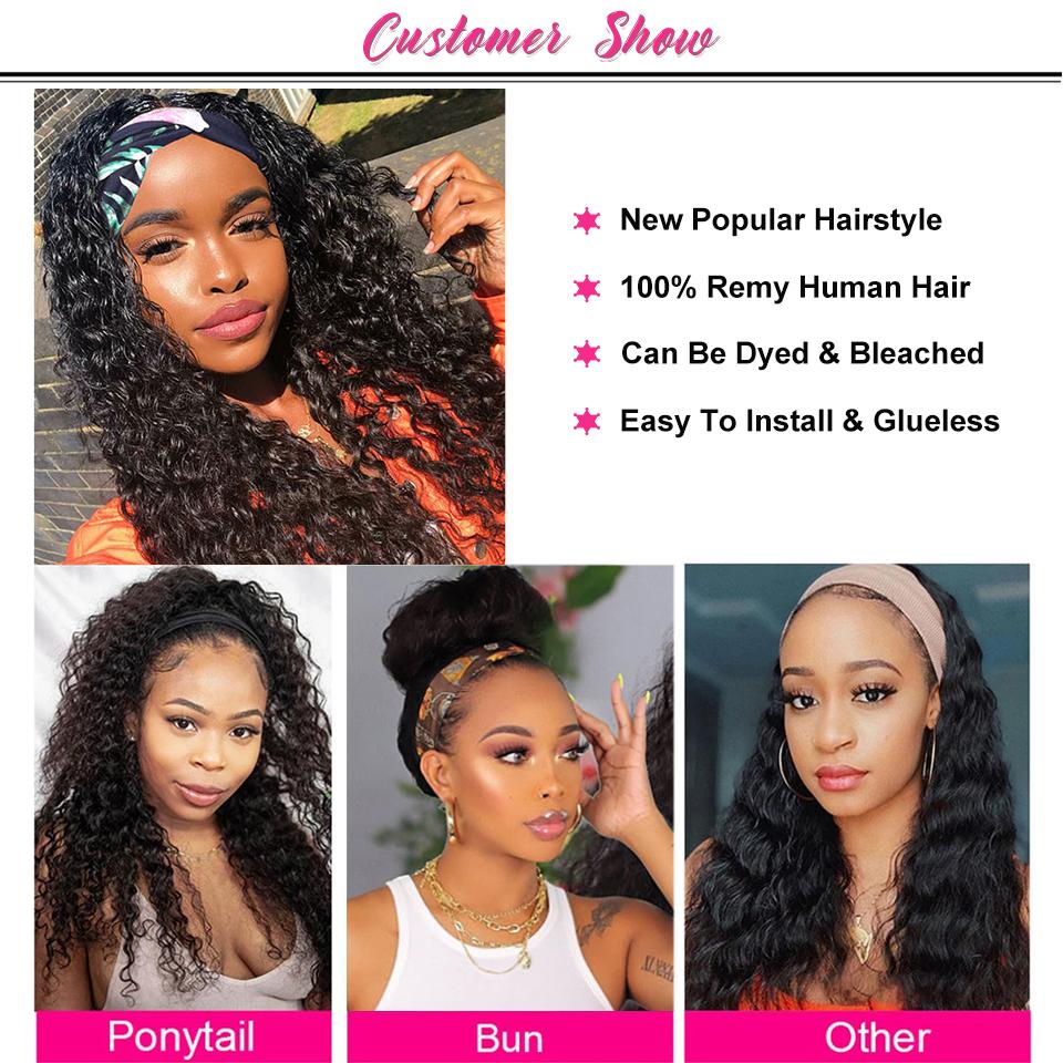 Bling Hair Headband Wig Kinky Curly Human Hair Wigs Brazilian Remy HUman Hair Wigs Curly 12-24 Inch Non Lace For Women 180% Density TikTokShopBlackFriday