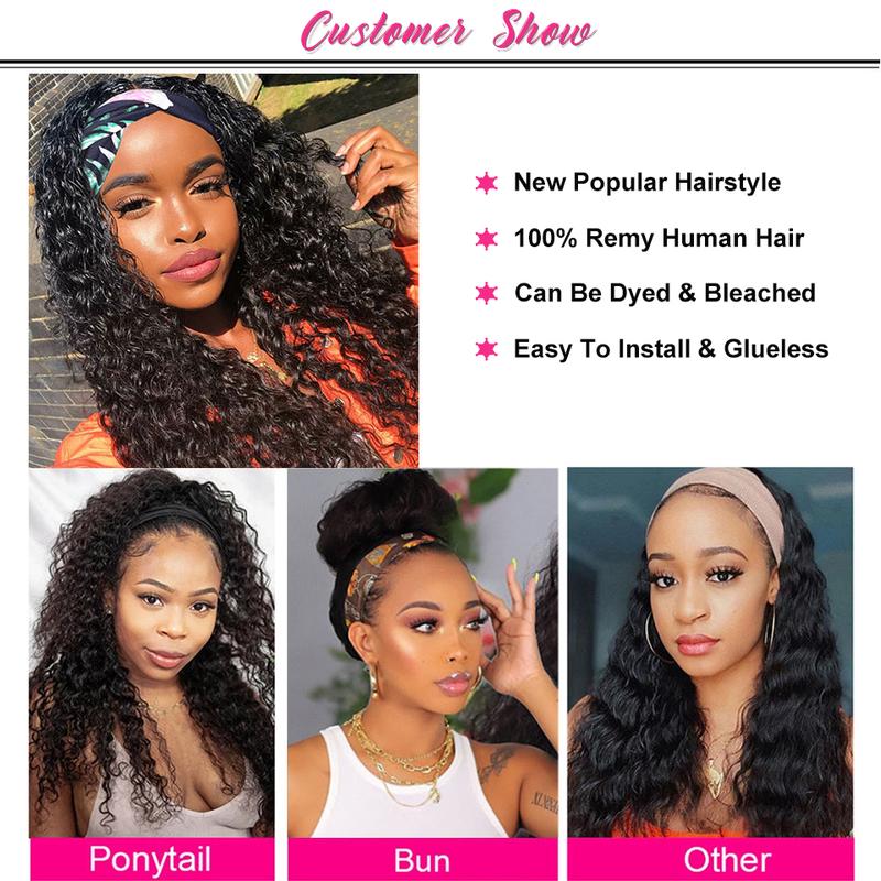 Bling Hair Headband Wig Kinky Curly Human Hair Wigs Brazilian Remy HUman Hair Wigs Curly 12-24 Inch Non Lace For Women 180% Density TikTokShopBlackFriday