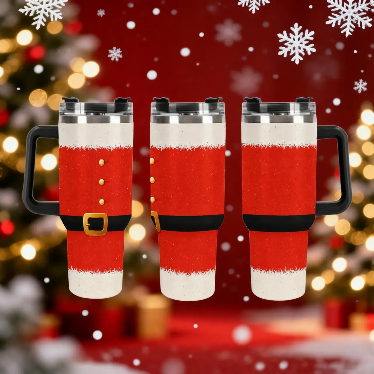 40oz Santa Suit Tumbler With Handle, 2D Flat Printed Santa Claus Costume Red Faux Fur Belt Buckle Pattern, Stainless Steel Insulated Travel Cup, Christmas Holiday Gift For Men Women