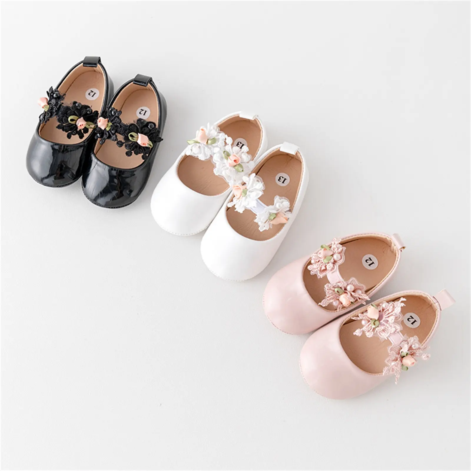 Baby Girl Premium PU Flats Infant Flower First Walker Crib Shoes for Party, Festival, Baby Shower