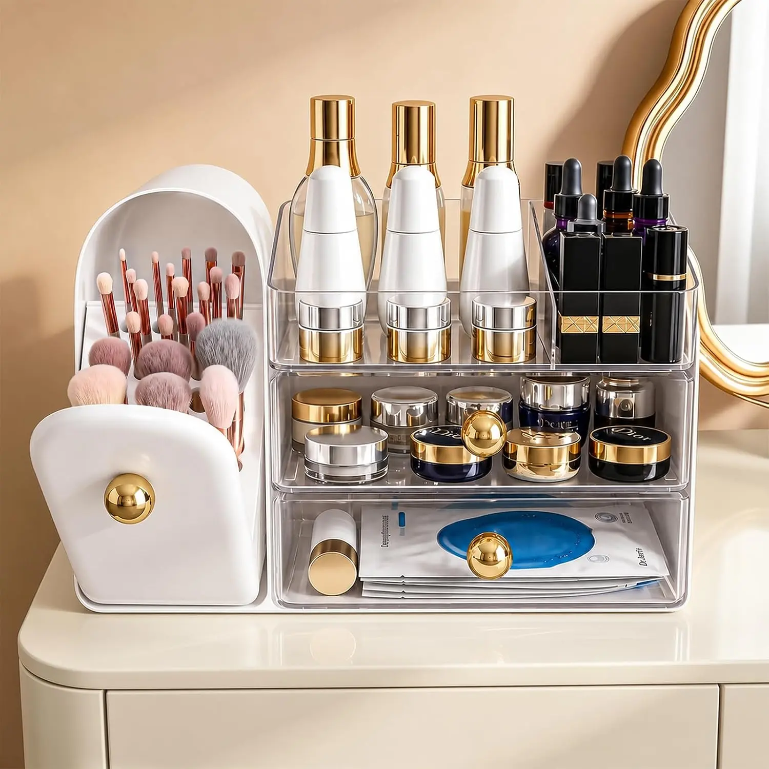 Makeup Organizer for : Skincare Organizers with Drawers & Brush Holder -  Display Case Skincare Storage Box with Clear Drawers, Countertop  for Bedroom Bathroom Dresser